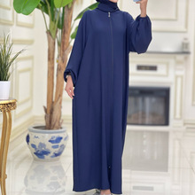 现货中东迪拜2024纯色abaya祈祷连头巾长袍服饰拉链女长连衣裙