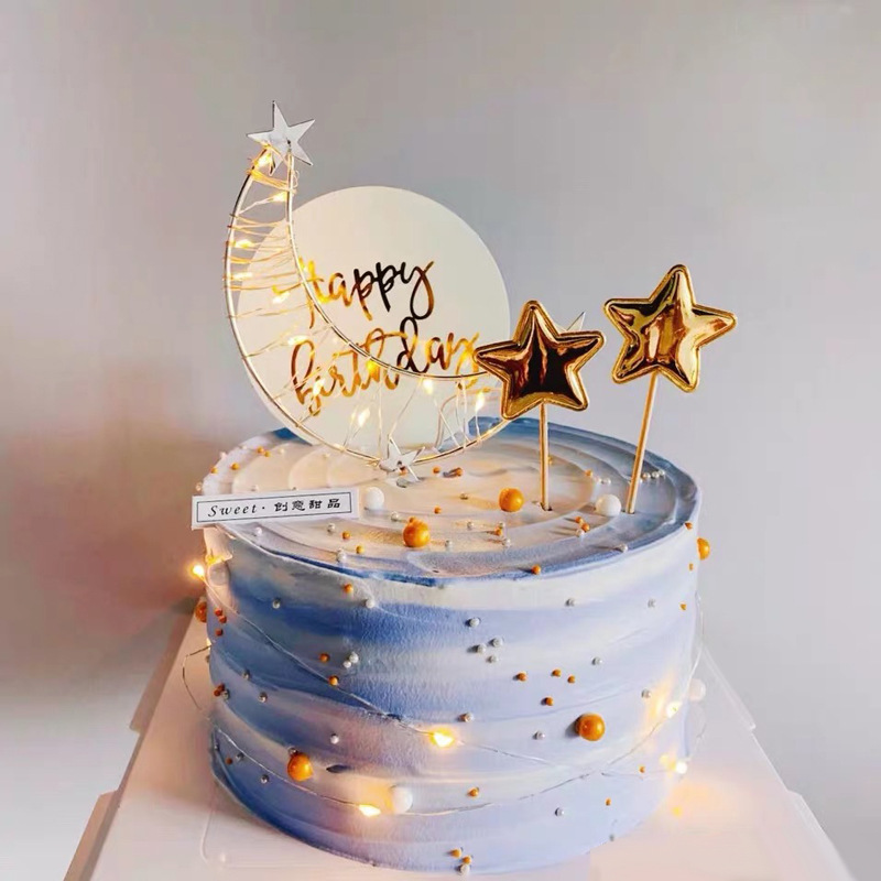 烘焙蛋糕装饰插件网红铁艺珍珠爱心皇冠月亮星星心形生日派对插牌