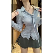 条纹衬衫女春季韩版2024新款领带刺绣设计感收腰显瘦外穿长袖衬衣