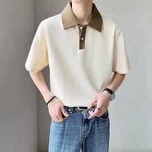 复古华夫格拼色长袖POLO衫男女潮牌宽松情侣代发年韩版翻领卫衣