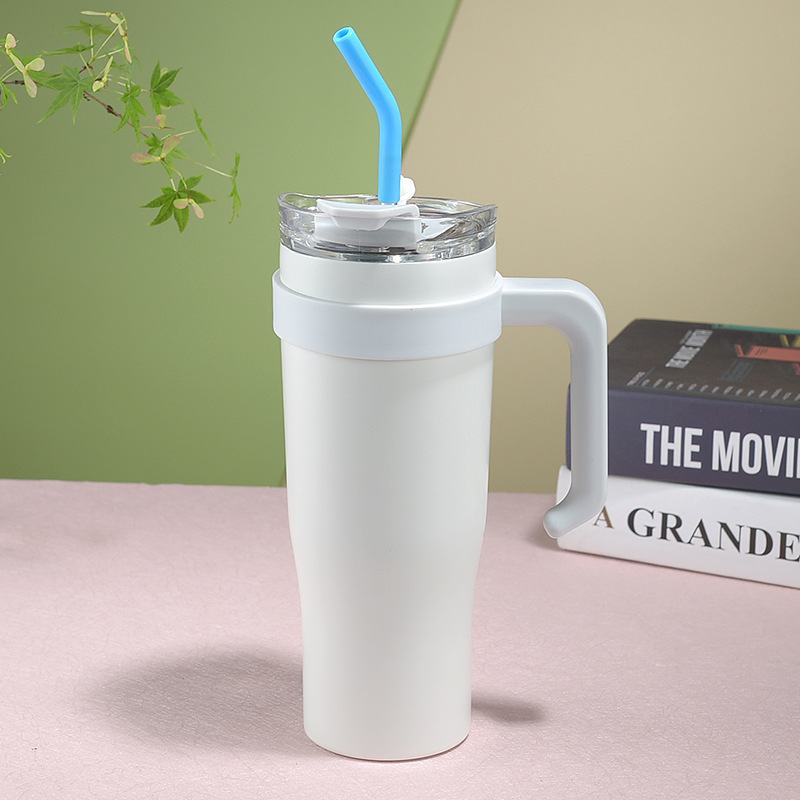 New 304 Double-Layer Vacuum Large Ice Cup Cross-Border Stainless Steel Vacuum Cup with Handle Portable Cup with Straw