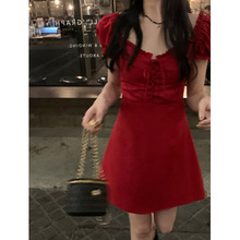 DIANRUO ▏法式方领泡泡袖活力少女小红裙短款连衣裙小个子穿搭