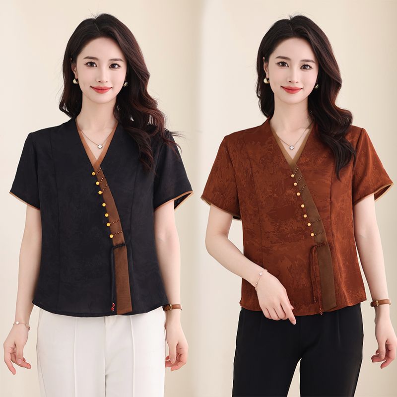 夏季中国风妈妈装短袖t恤洋气中老年女装夏装小衫新中式v领上衣服