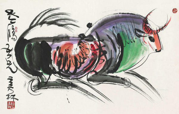 奔牛图韩美林画家名人字画6038cm包邮