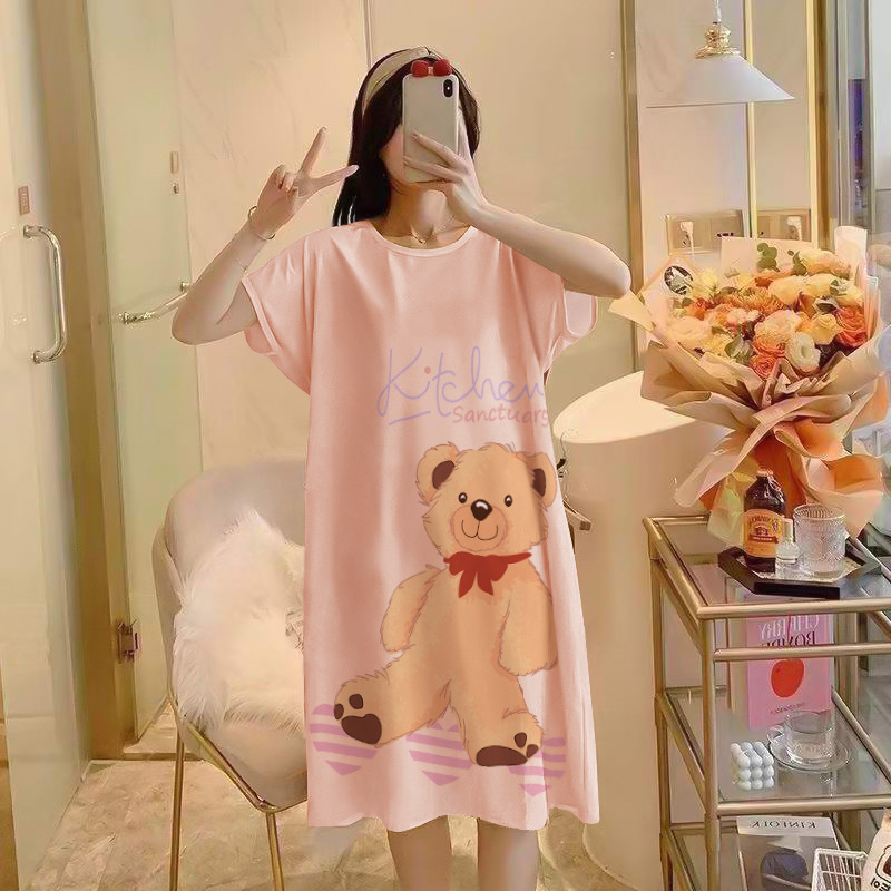 INS Cultural Dress Short Sleeve Summer Pajamas Thin Large Size Cartoon Live Home Wear Mid-Length Dress Nightdress