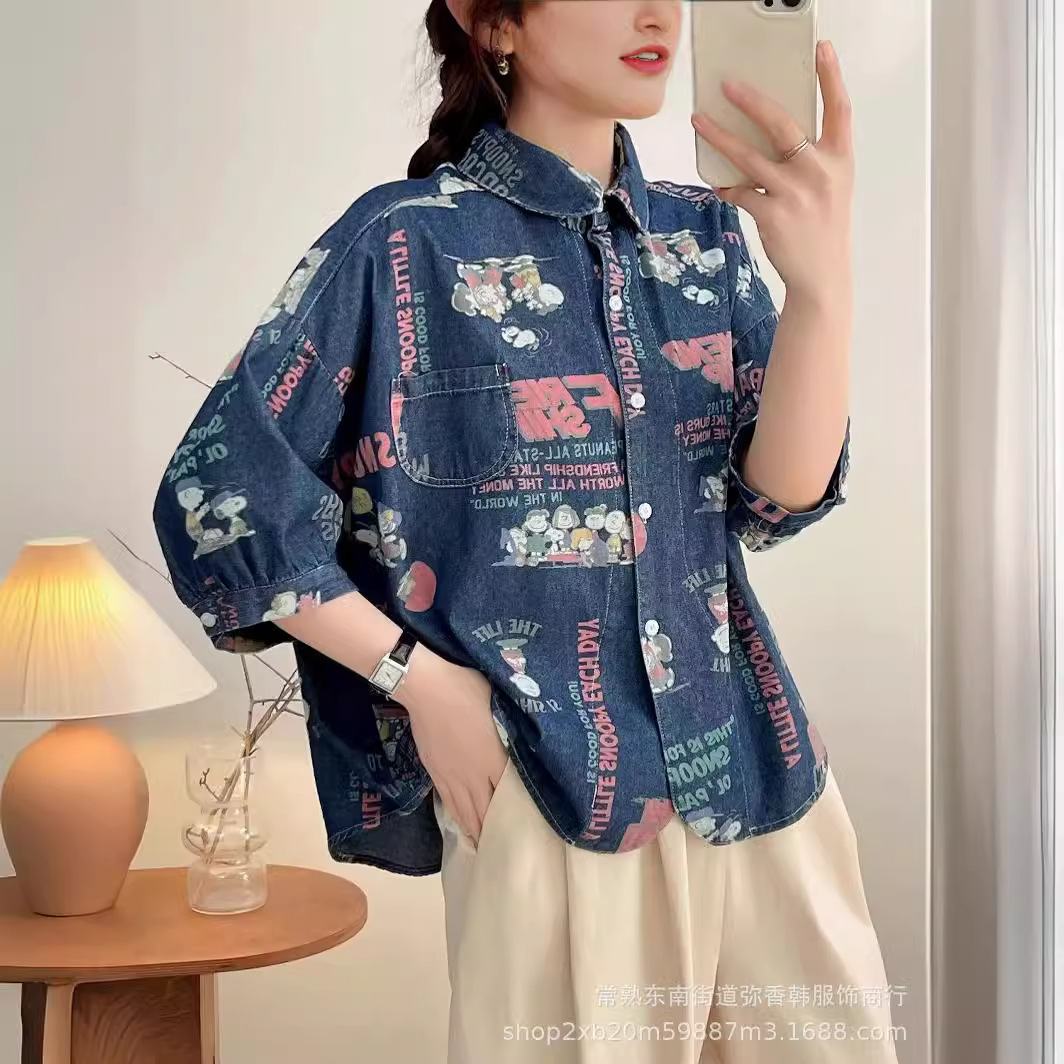夏季卡通印花短袖牛仔衬衫外套女美式复古休闲宽五分袖衬衣-阿里巴巴