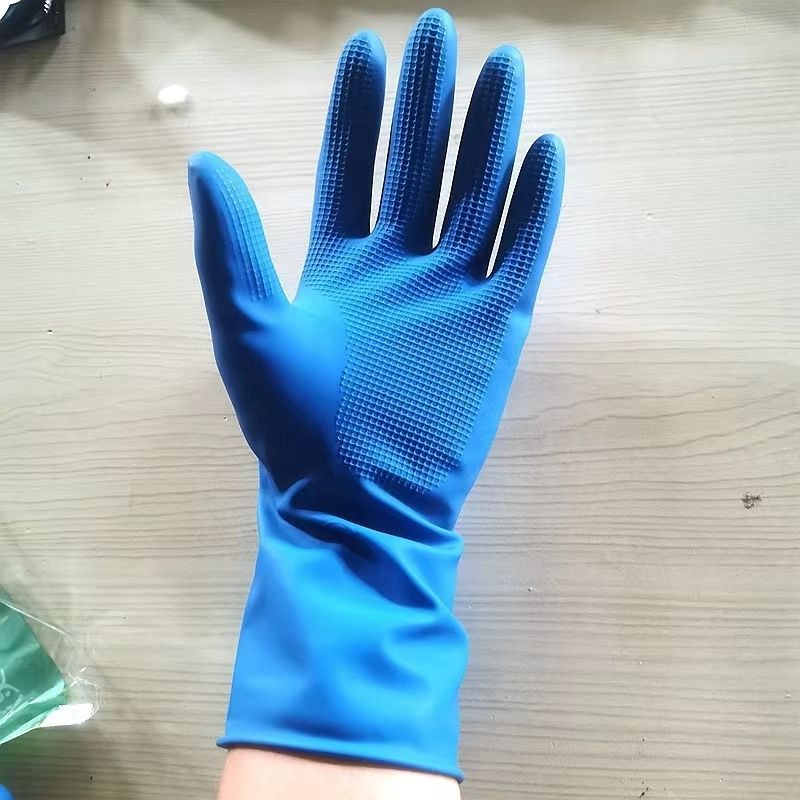 蓝色保暖短款纯胶烫染保洁防滑防水食品级贴手型女士胶皮橡胶手套
