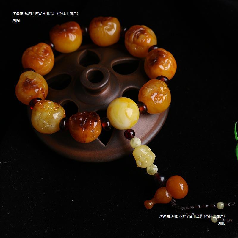直播鸡油黄老蜜蜡琥珀桶珠手串无优化原石蜜蜡男女士佛头手链