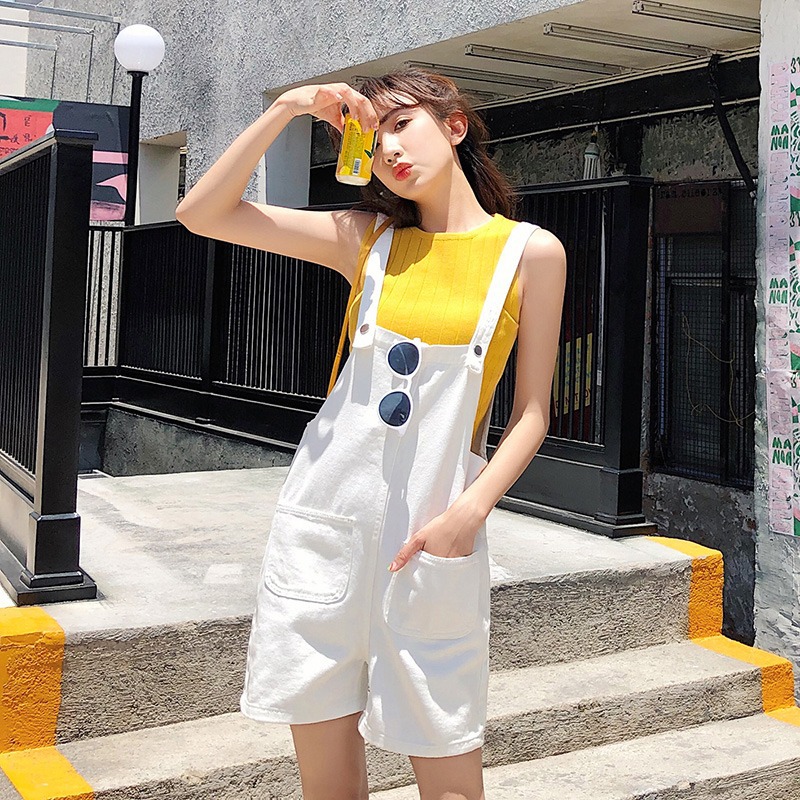 hey jeans白色牛仔裤女2022春季韩版新款宽松显瘦休闲背带短裤