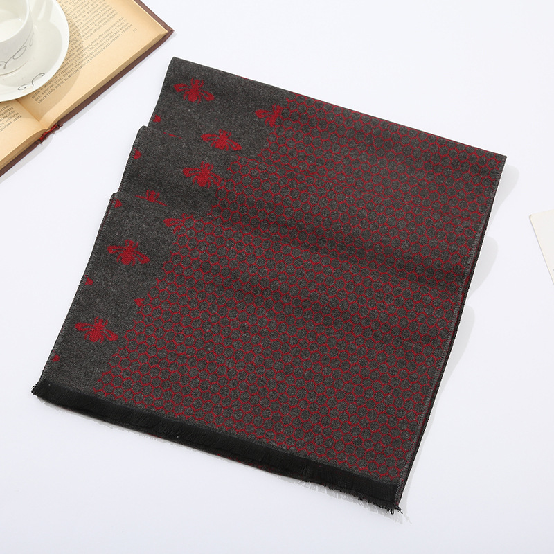 New Men's Bee Mesh Printed Scarf Source Manufacturer Autumn and Winter Thickened Warm Cashmere-like Short Beard Scarf