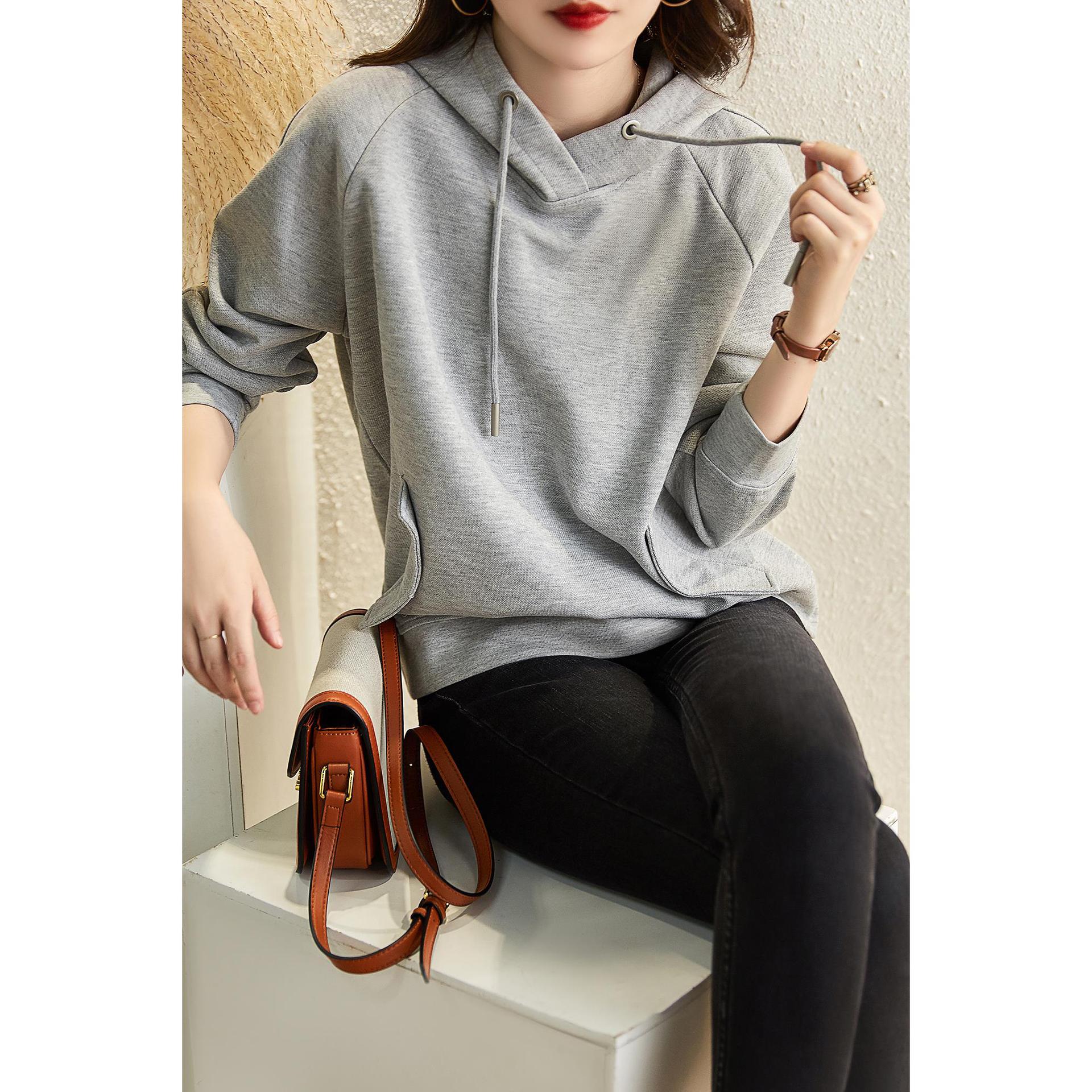 零压力简洁毛圈棉质抽绳连帽卫衣女20秋季新品-阿里巴巴