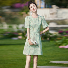 新中式连衣裙2024夏新款小个子法式气质碎花短袖改良旗袍收腰裙子