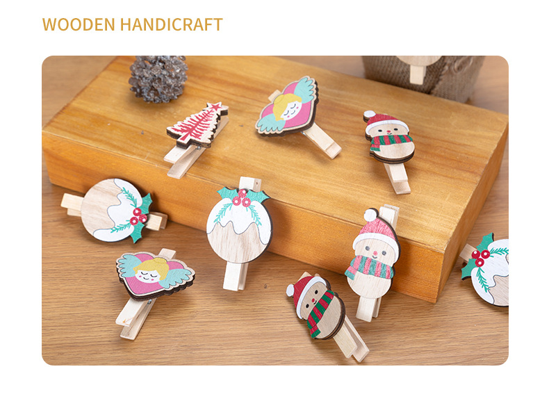 厂家批发创意时尚木质夹子可爱卡通装饰木夹 圣诞树diy图案小木夹