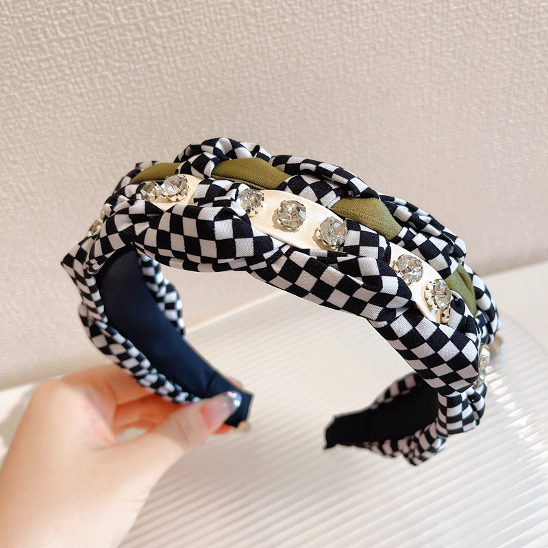 Korean Style Chessboard Plaid Twist Wide Sponge Headband All-Match Fabric Hairpin for Hair Washing Women's High Skull Top Pressure Hair Headband