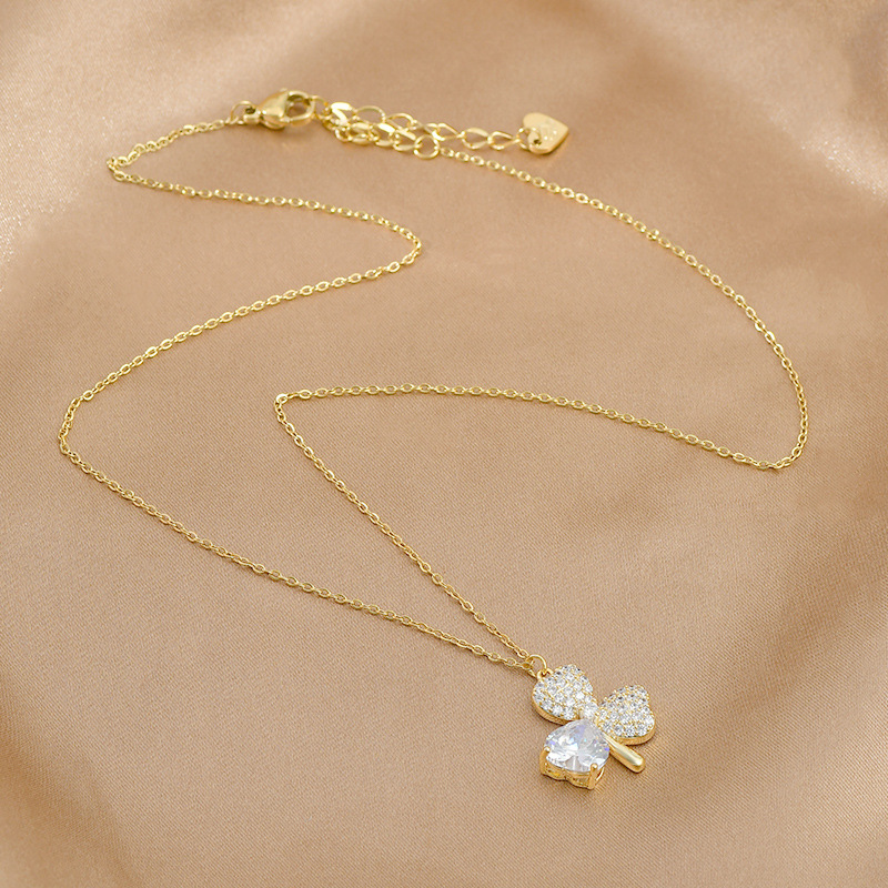 Real Gold Plating Inlaid Zircon Temperament Clavicle Chain Female Niche Design Lucky Clover Necklace Student Necklace Tide