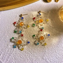 彩色水晶串珠花朵耳环复古气质耳钉耳夹