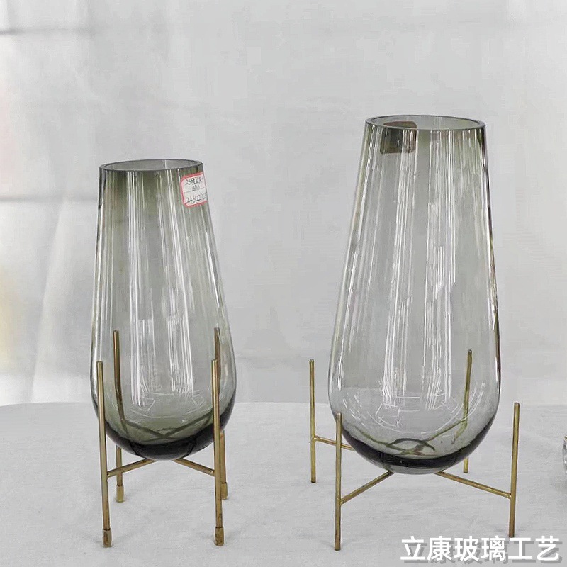 Simple Creative Iron Waist Drum Glass Vase Living Room Hotel Home Flower Arrangement Hydroponic Flower Art Decoration