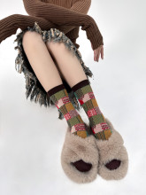 日本潮牌双针双路袜子男女彩色拼撞格子中筒袜春秋复古纯棉袜子