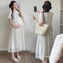 孕妇夏装连衣裙2024新款宽松假两件新中式遮肚雪纺白色长裙夏