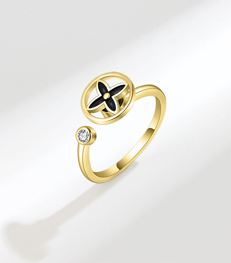 网红直播爆款旋转四叶草戒指女银色镶钻锆石可转动开口指环尾戒潮