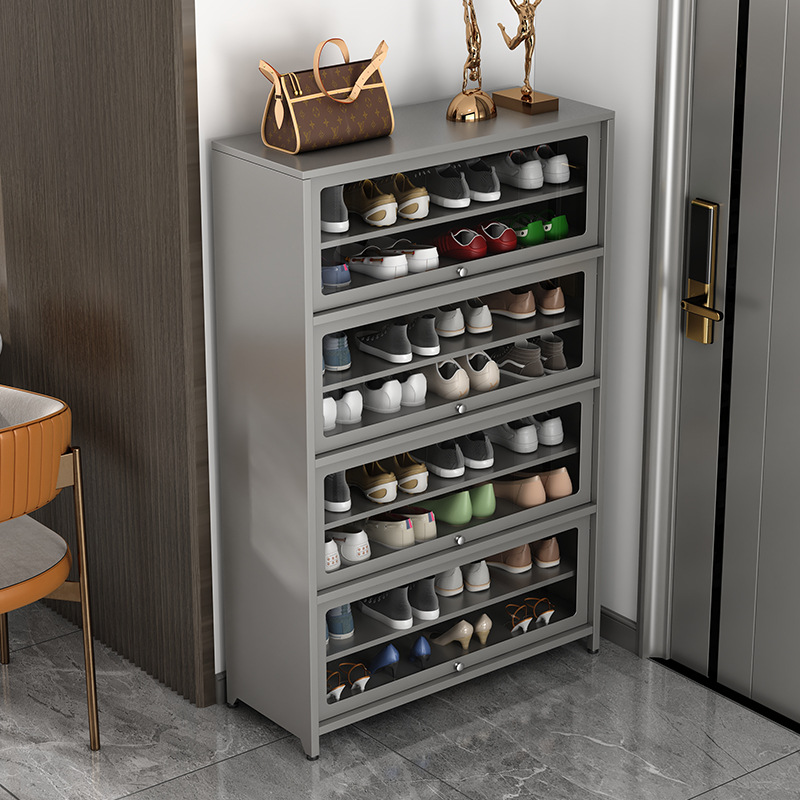 钢制家用鞋柜门口落地多层铁艺展柜入户玄关门后分层隔板防尘鞋架