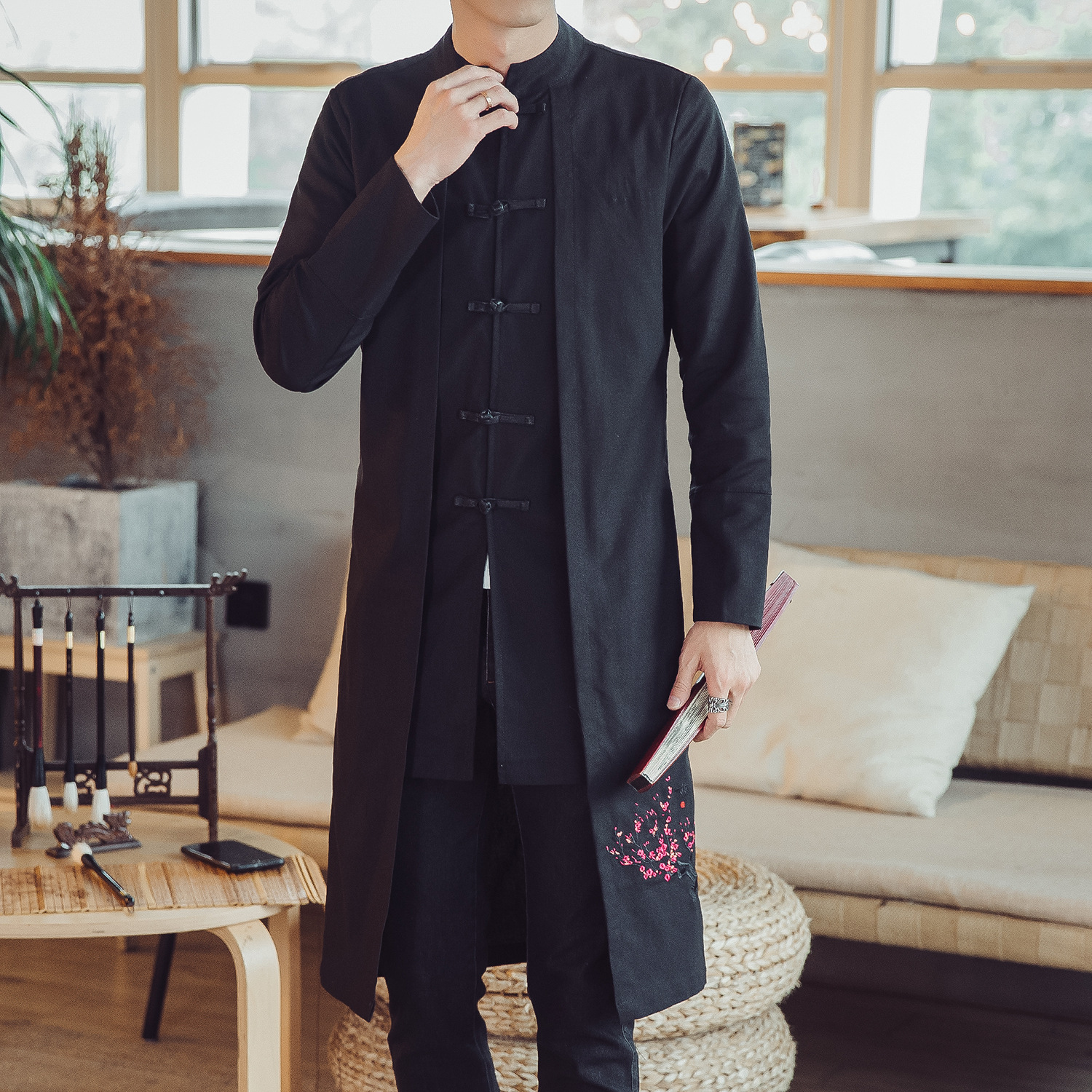 中国风长衫男仙鹤刺绣民族风复古男装长袍长款春款风衣外套