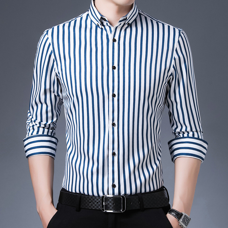 2022 Spring Striped Shirt Men's Long-Sleeved Stretch Slim Shirt Men's Business Light Luxury Leisure Iron-Free Shirt