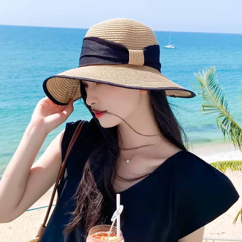 Hepburn Style Retro Straw Hat Female Beach Sun Hat Leisure Travel Sun Protection Hat Summer Vacation Bucket Hat