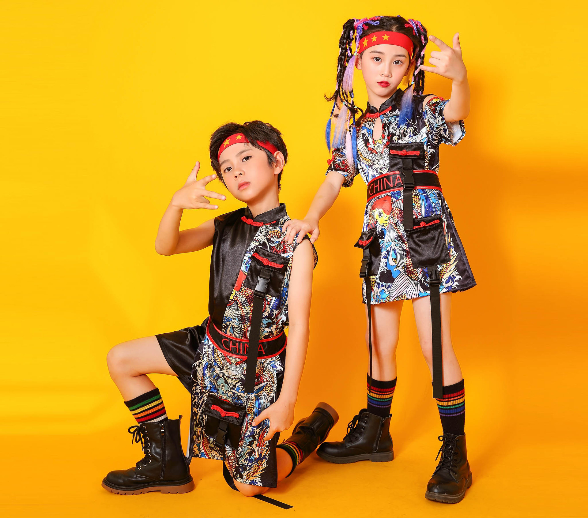 少儿国潮模特走秀演出服女童中国风爵士舞表演服儿童舞蹈嘻哈潮服