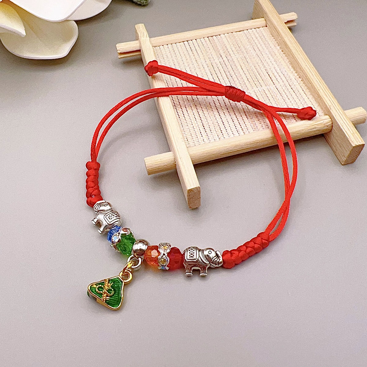 端午节红绳水晶手链年年有余吉祥五彩手绳手工编织抽拉款编织手链