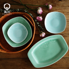 龙泉瓯江青瓷餐具家用盘子创意中式菜盘玫瑰陶瓷餐盘水果盘鱼盘