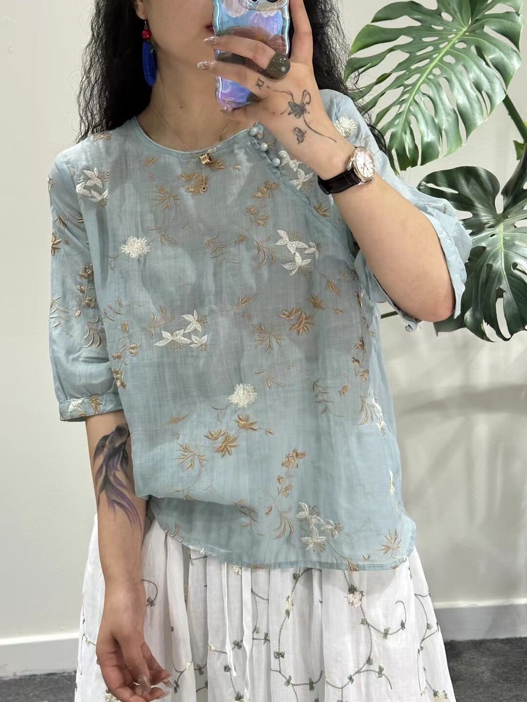 100支苎麻小衫 2024夏季新款 刺绣套头圆领五分袖休闲上衣女9275