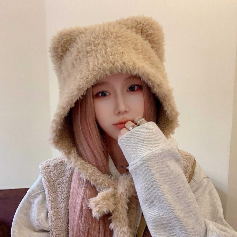 Bear Ears Woolen Knitted Hat Children's Winter Face Slimming Plush Cute Earflaps Warm Big Head Circumference Strap Beanie Hat