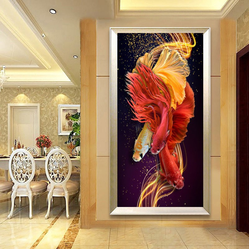 厂家直销钻石画满钻玄关满钻钻石挂画两条鱼双鲤鱼锦鲤钻石绣diy