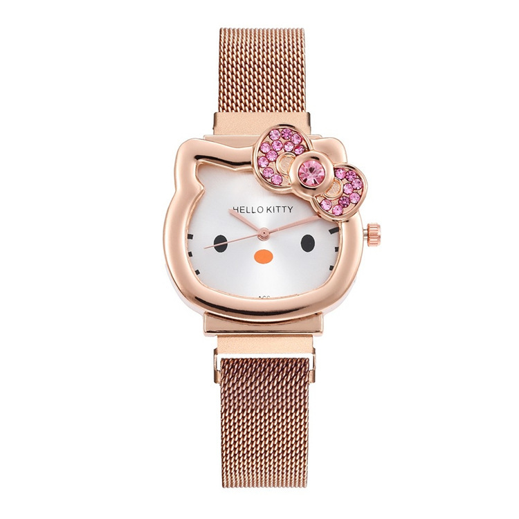 Fashion Cartoon Cat Watch Women's Diamond Bow Children's Milan Mesh Belt Magnet Wrist Watch in Stock Wholesale