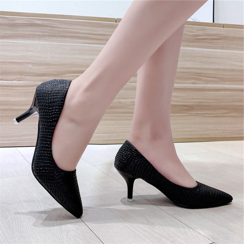 高跟鞋女中跟五厘米蛇纹尖头性感白色单鞋细跟学生皮鞋春