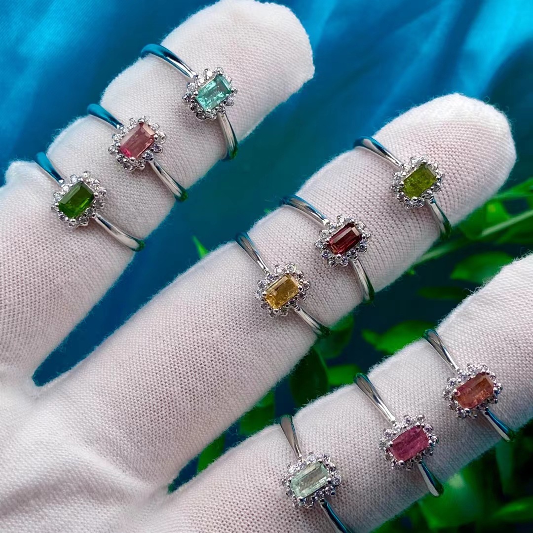 天然碧玺戒指女 方形水晶碧玺女戒 新款珠宝首饰配件直播货源批发