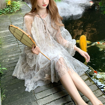 琉璃 轻盈飘逸网纱国风连衣裙夏朦胧水墨画仙女裙-阿里巴巴