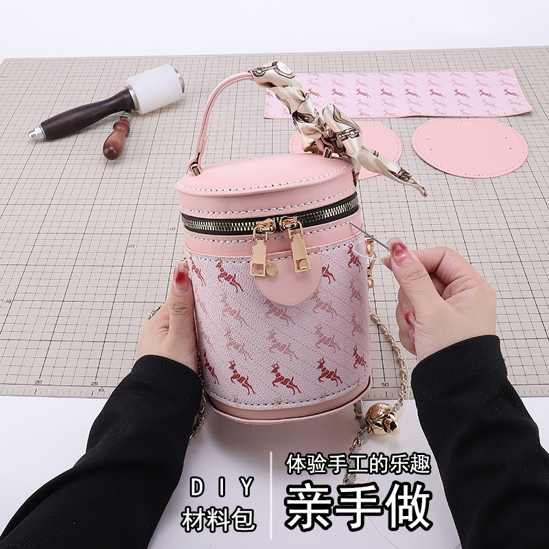 New Fashion Bucket Bag Silk Scarf DIY Handmade Bag Portable Shoulder Crossbody Bag Chain Bag Trendy Printing Material Bag