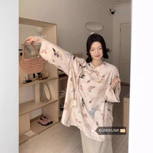 kumikumi新中式蝴蝶印花衬衫女春夏设计感小众宽松中长款立领上衣