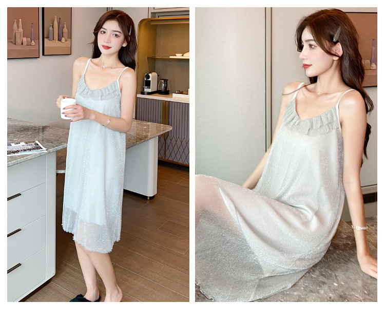 吊带抹胸睡裙女夏季天性感v领中长款凉爽舒适少女网纱睡裙可外出