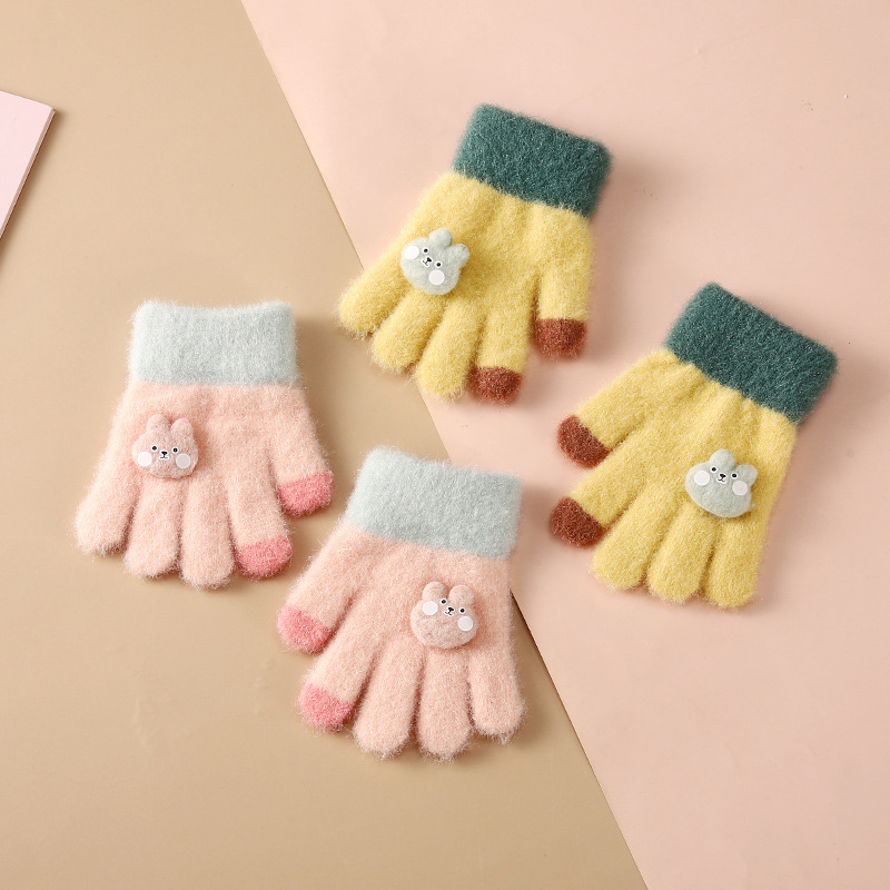 Winter Fleece-Lined Children's Warm Gloves Thickened Five-Finger Baby Cold-Proof Wool Cute Gloves Girls' Thickened Gloves