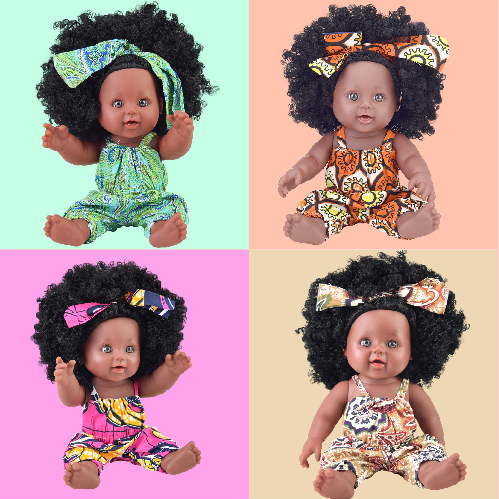 现货非洲黑皮肤娃娃玩偶仿真爆炸头小娃娃仿真婴儿娃娃搪胶洋娃娃玩具