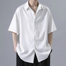 冰丝五分短袖衬衫男士夏季薄款潮牌ins宽松垂感休闲白色寸衬衣服