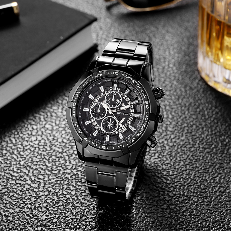 Foreign Trade Watch Men's Steel Belt Three Eyes and Six Needles Luminous Calendar Men's Watch Sports Imitation Mechanical Watch Waterproof Quartz Watch Men