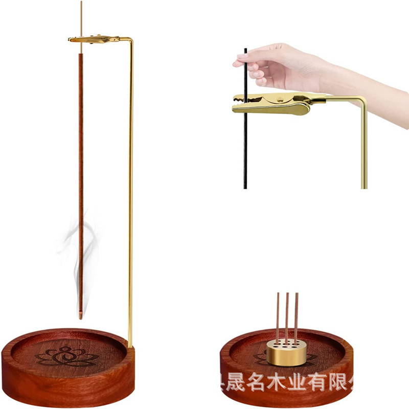 木质倒流香炉香薰架黄铜香插架木制底座香薰炉批发家居装饰品摆件