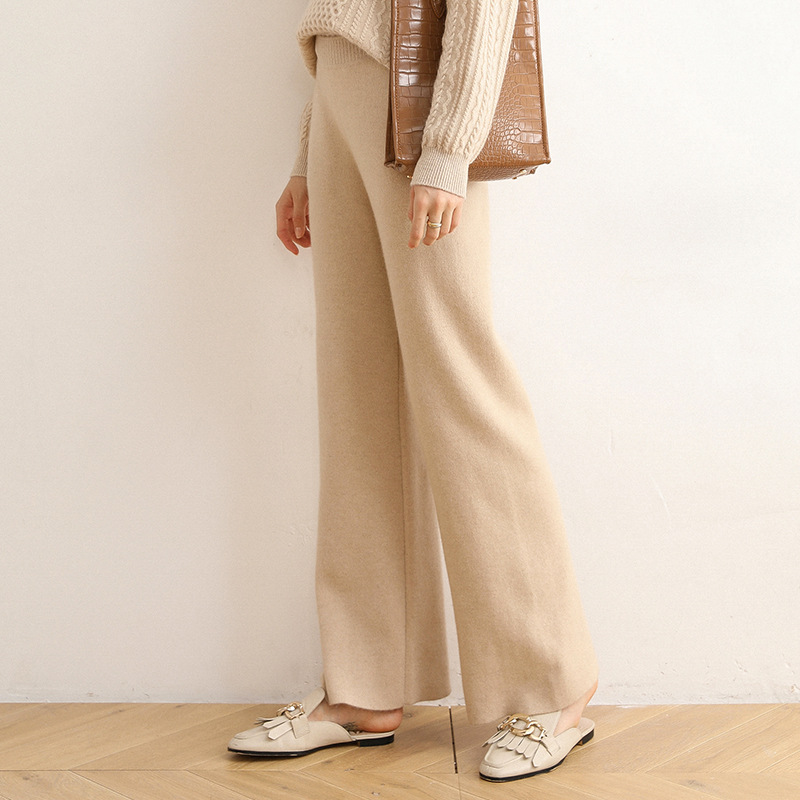 秋冬纯山羊绒阔腿裤女高腰松紧腰带兜加厚长裤显瘦遮肉拖地裤