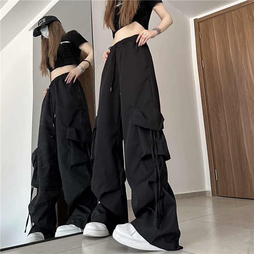 Design Ribbon Large Pocket American Overalls Women's High Waist Straight Wide Leg Pants Women's Pink Casual Mopping Pants BF