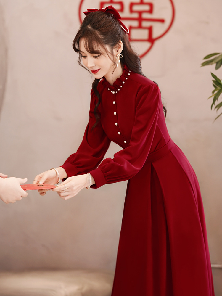 敬酒服新娘2022春季新款结婚订婚显瘦立领长袖酒红色礼服平时可穿