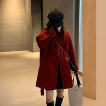 红色高级感呢子大衣2023秋冬装韩系搭配显高小个子毛呢外套女短款